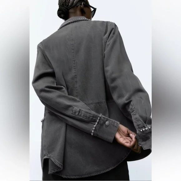 Women Zara Rhinestone Denim Overshirt Size XS - Picture 6 of 11